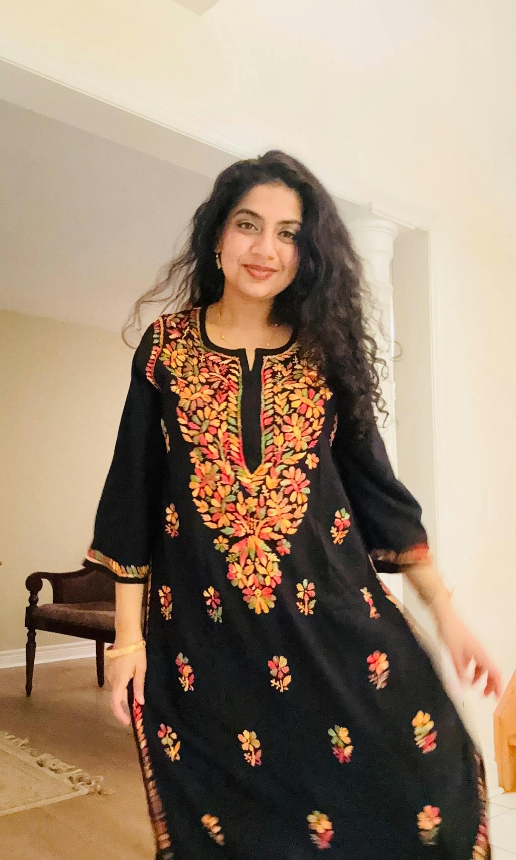 HOC Rayon Chikankari Solid Women's Long Kurta - Black