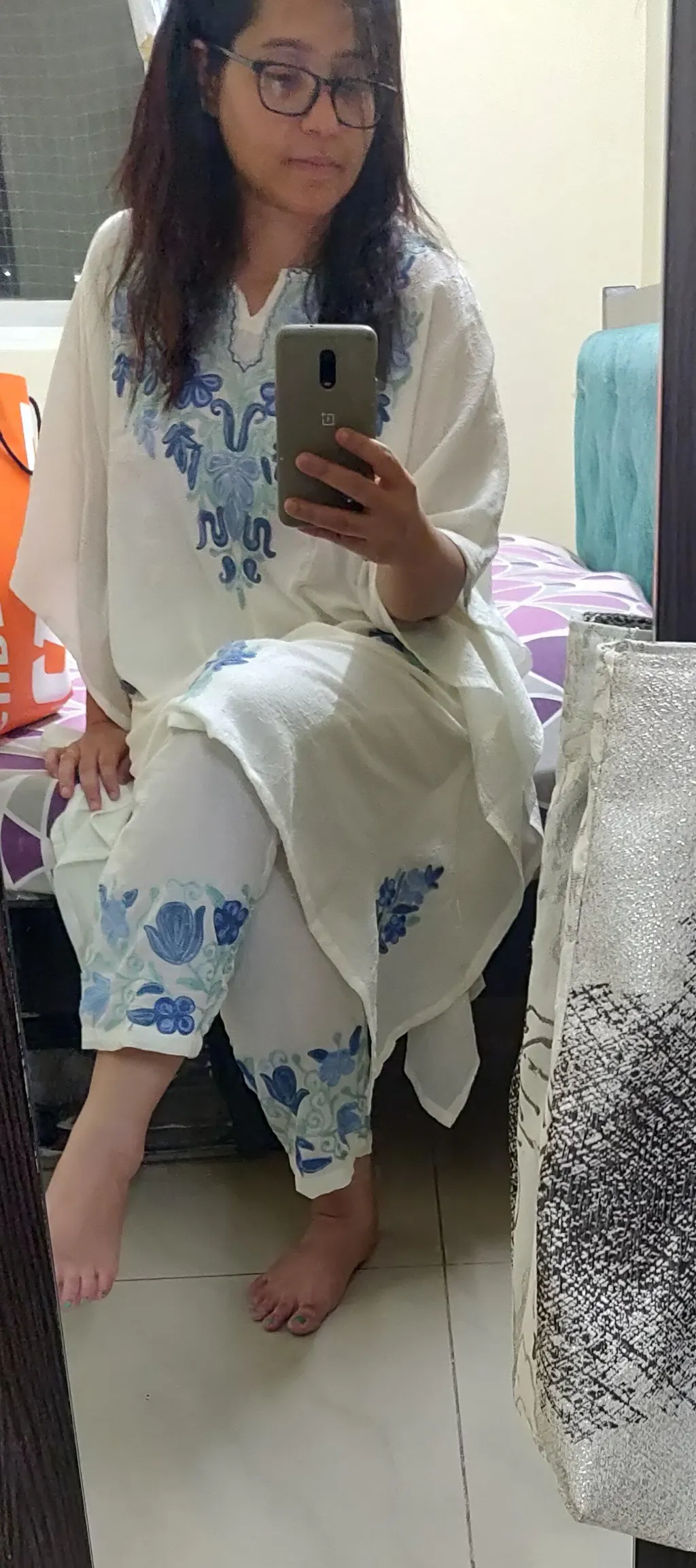 HOC Crafts Aari Embroidered Cotton Crush Crepe Solid Women's 2PC Kaftan Set - Off White