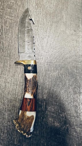 10" Handmade Damascus Steel Gut hook hunting Skinner Knife W/ Stag Horn & Wood Handle | Deer skinning knife