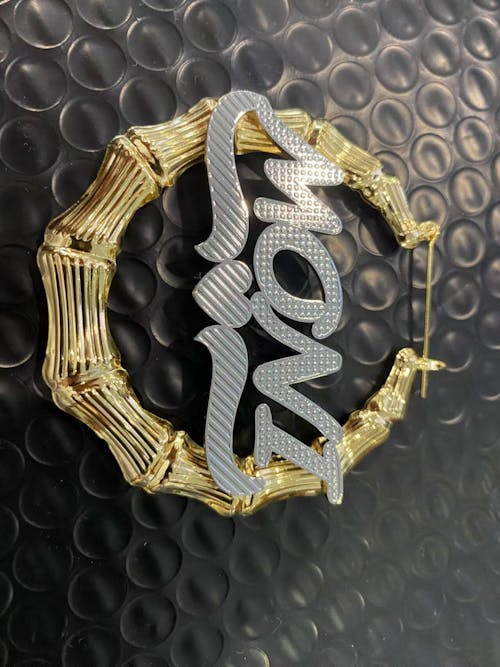 Bamboo Name Heart 2Tone Name Hoop Earrings