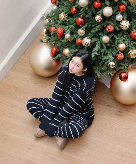 Chic Black Striped Fleece Pajama Set