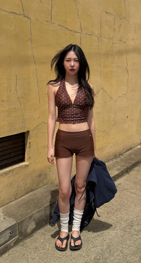 Polkadot Halter Tankini top Cocoa brown with Pink dots