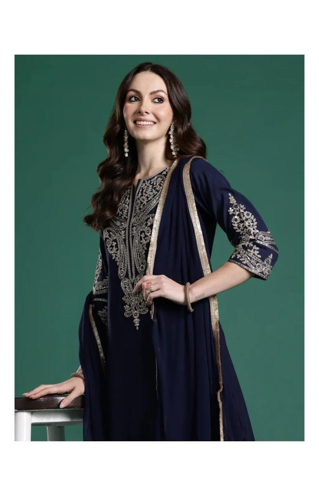 Blue Solid Silk Blend Straight Suit Set With Dupatta