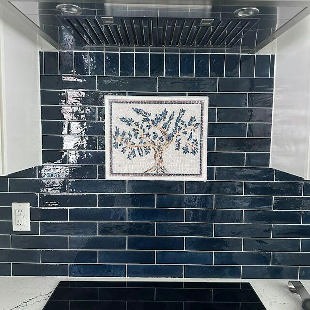 Rectangular Navy Blue Scrolls Marble Mosaic Kitchen Backsplash Art Tile