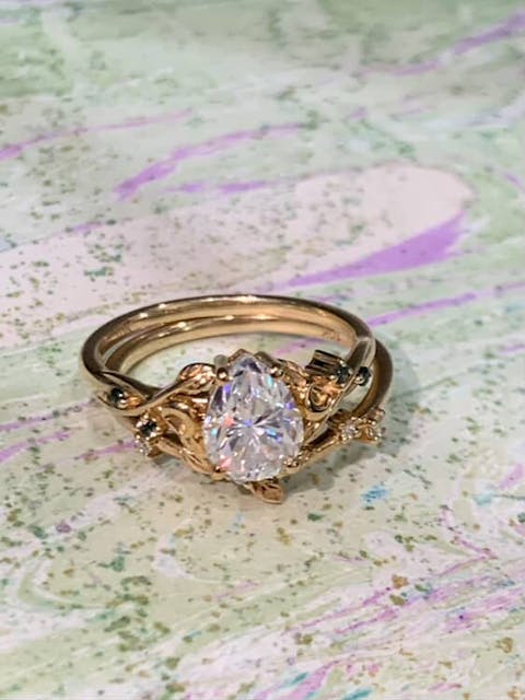 Nature Inspired Pear Cut Moissanite Moon Gemstone Ring Set 2pcs