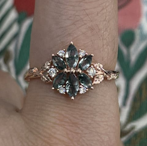 Nature Inspired Marquise Moss Agate Ring with Moissanite and Floral Leaf Design