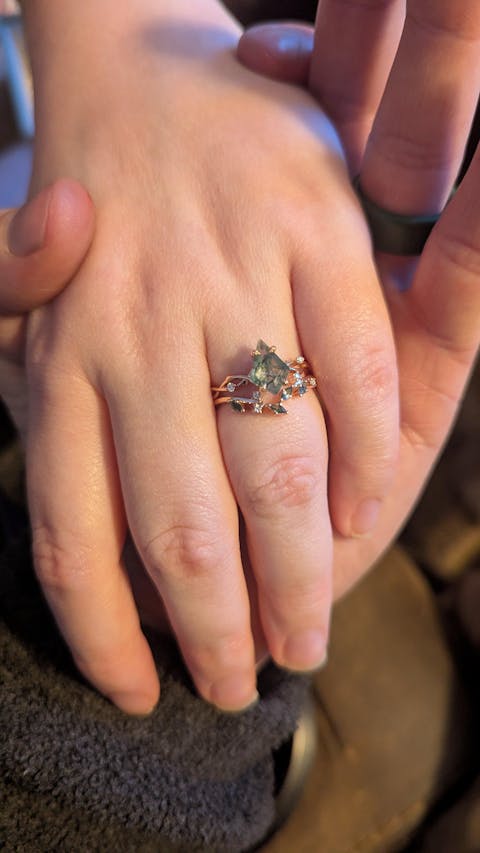 Unique Kite Cut Moss Agate Leaf and Vine Ring Set 2pcs