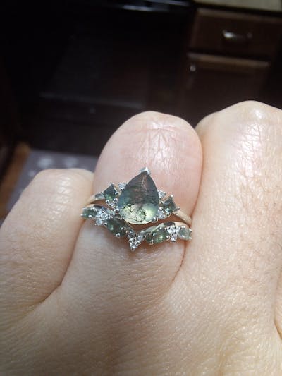 Cluster Pear Cut Moss Agate Seven Stones Ring Set 2pcs