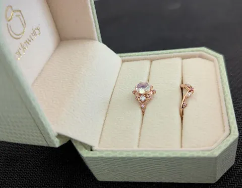 Nature Inspired Round Moonstone and Moissanite Ring Set 2pcs