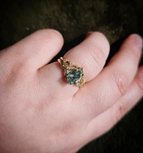 Nature Hexagon Cut Moss Agate Vine Ring Set 2pcs