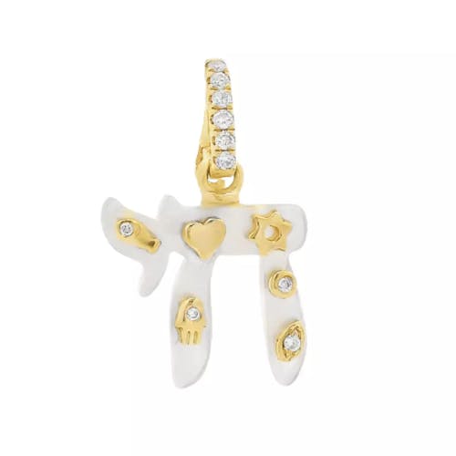 14K Gold Jewish Charms Chai Gemstone Pendant ©