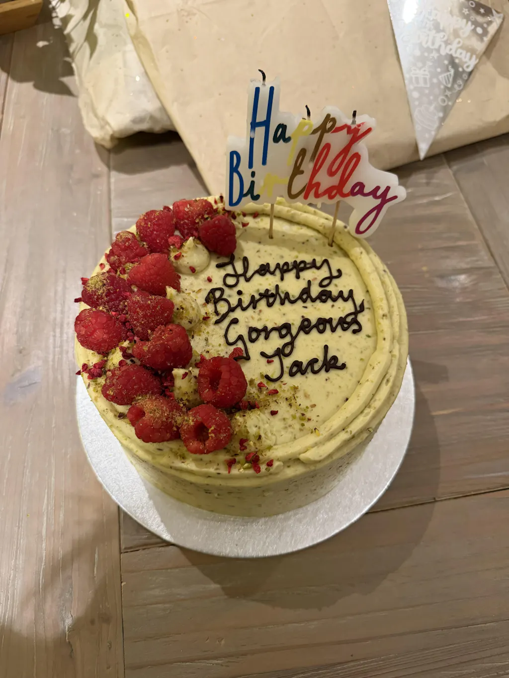 Personalised Pistachio & Raspberry Cake