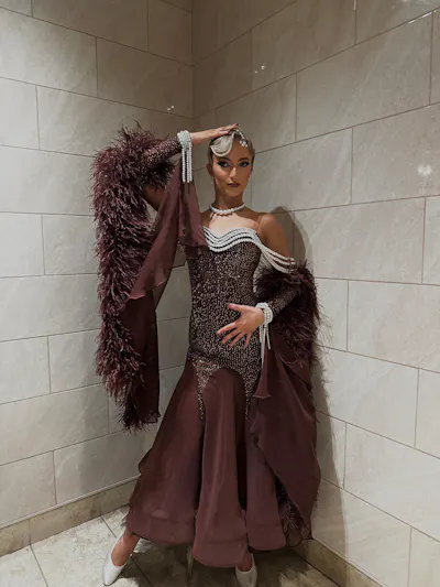 Customer wearing the Espresso competition dress, detail view