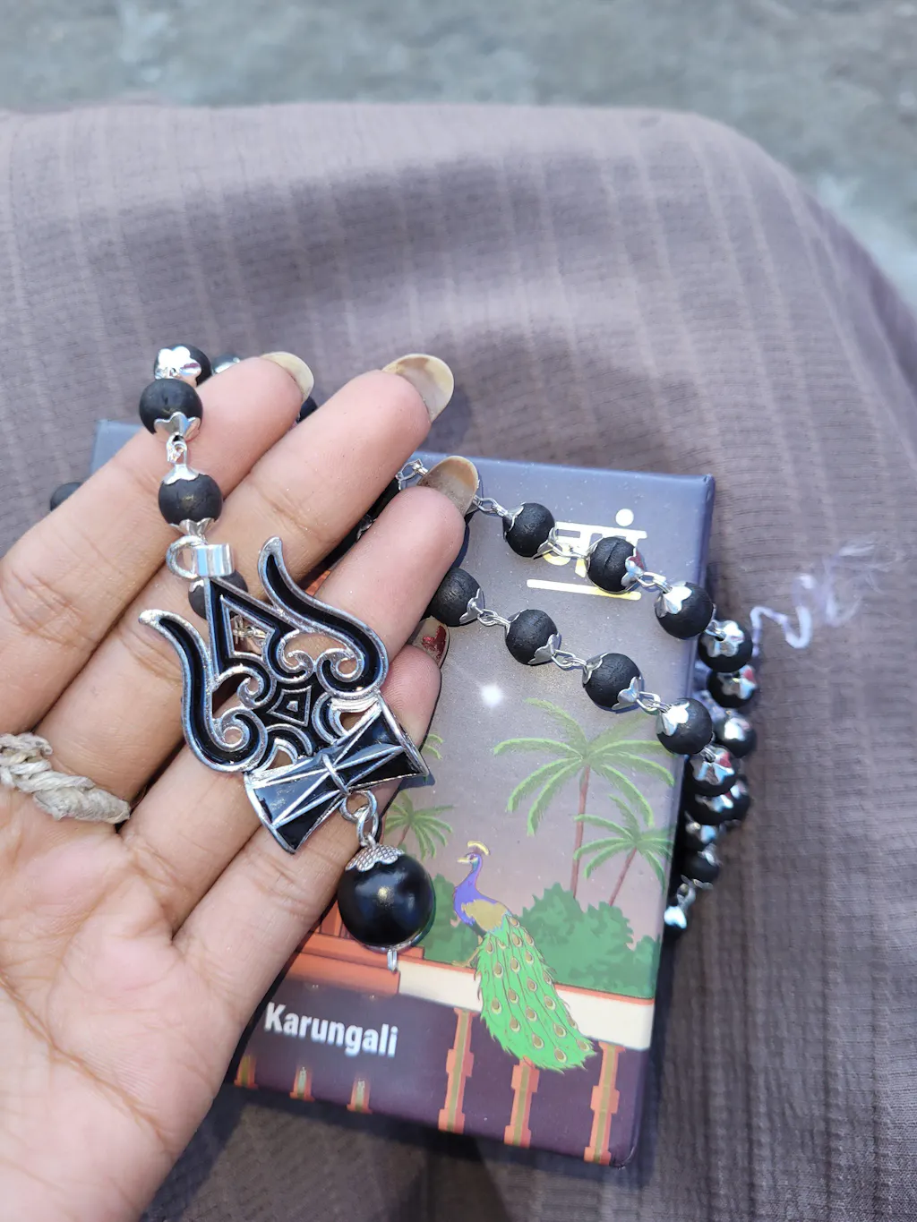 Silver Plated Karungali Necklace with Trishool Pendant