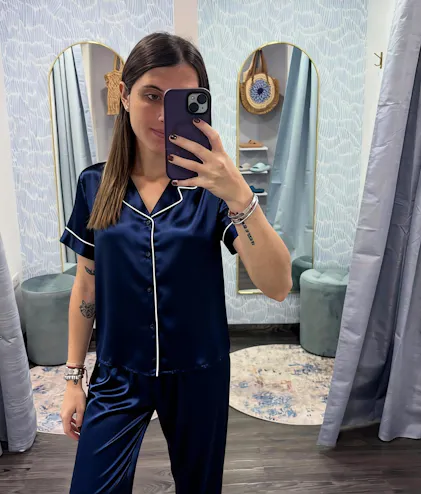 GYS Women's Bamboo Pajama Set – Short Sleeve Sleepwear With Satin Trim, Navy Blue