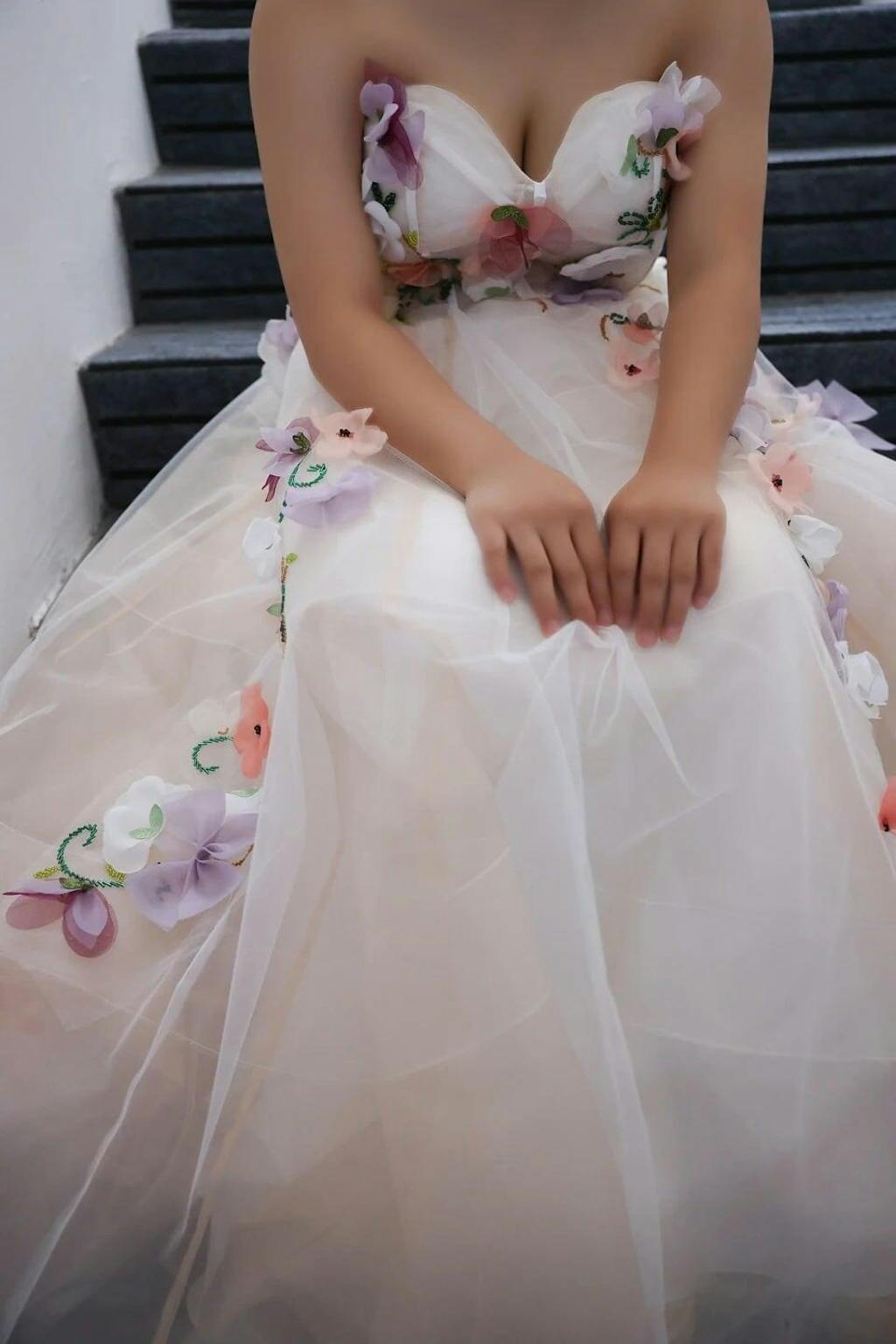 Maraya 3D Floral Applique Strapless Maxi Dress