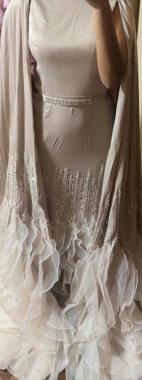 Luxury Dubai Mermaid Nude Evening Dresses with Cape Sleeve SS440