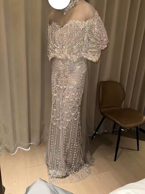 Classic Grey Beaded Dubai Evening Dress SS557