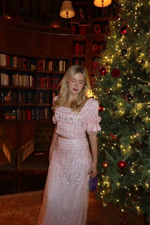 Charming Pink Sequin Two Piece Gown with Puffy Sleeves Evening Dress SS548