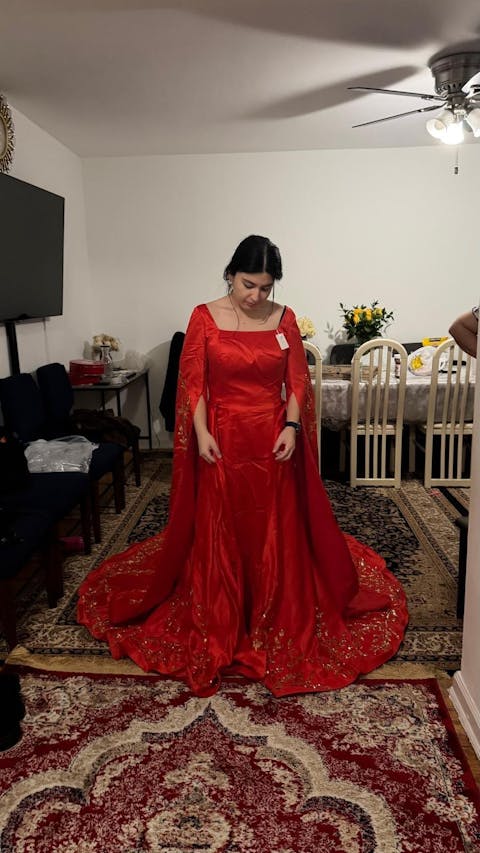 Red Evening Dress with Gold Embroidery and Cape Sleeves SS568