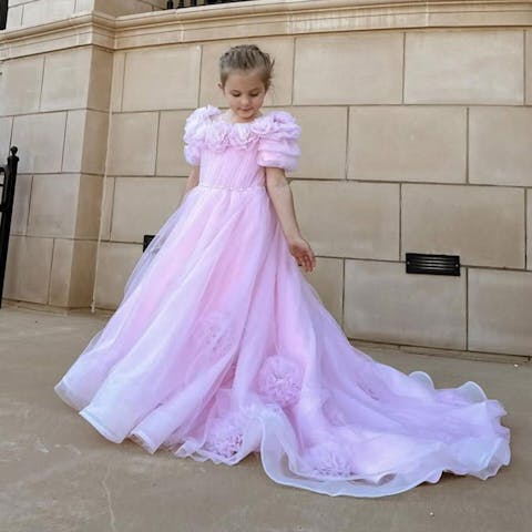 Luxury Arabic Pink Girl Dress Handmade Flowers Princess Gown J150