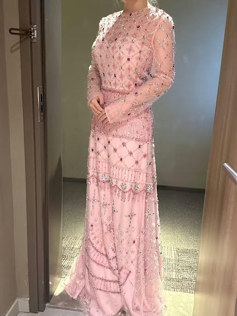 Luxury Pink Embroidered Evening Dress with Sparkling Crystal Beads SS220