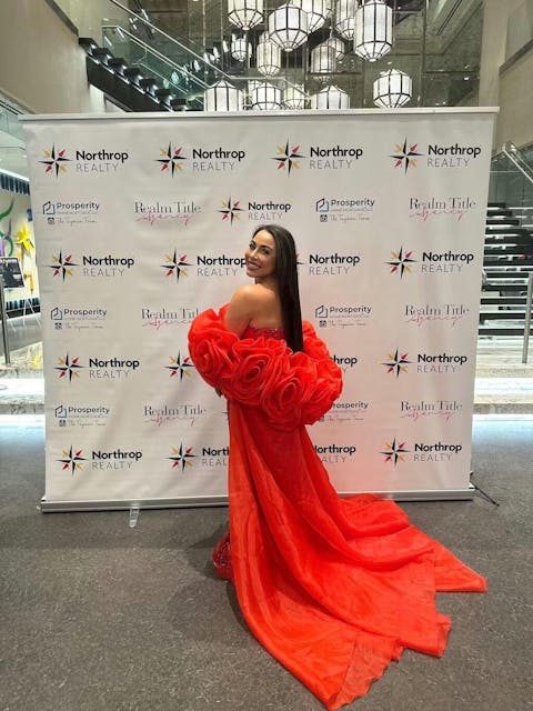 Luxury Pearl Red Evening Dress with 3D Flowers Cape SS585