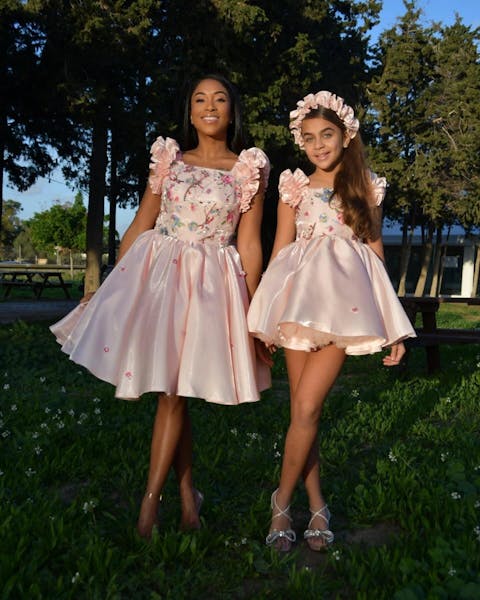 Pink Girl Dress Parent-child Outfit with Hairband for Kids J026