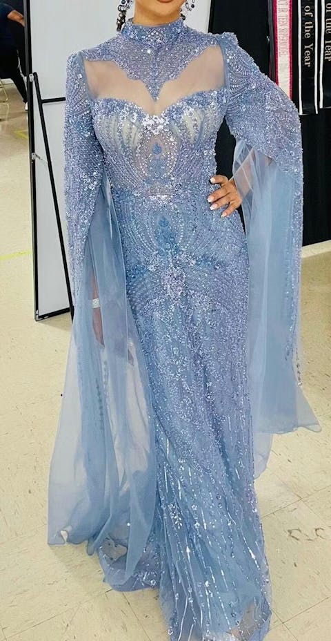 Sparkling Blue Cape Beaded Evening Dress SS079