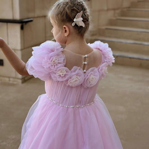 Luxury Arabic Pink Girl Dress Handmade Flowers Princess Gown J150