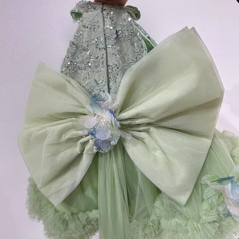 Mint Green Halter Gown with Sequins & 3D Flowers - Girls' Pageant Dress J873B