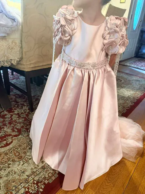 Luxury Dusty Pink Girl Dress Beadeds Arabic with Cap J037