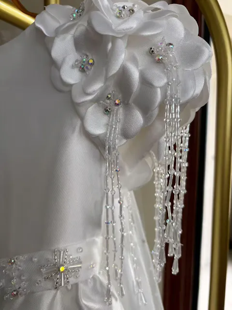 Elegant Applique Stain Princess Girl Dress With Cape White J253