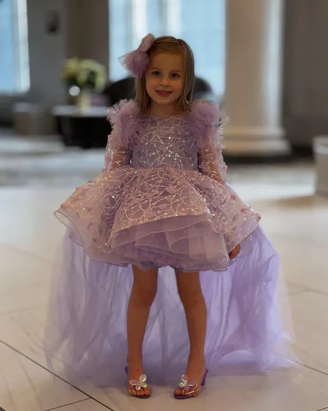 Sequins Lilac Long Sleeve Girl Dress Knee Length J287