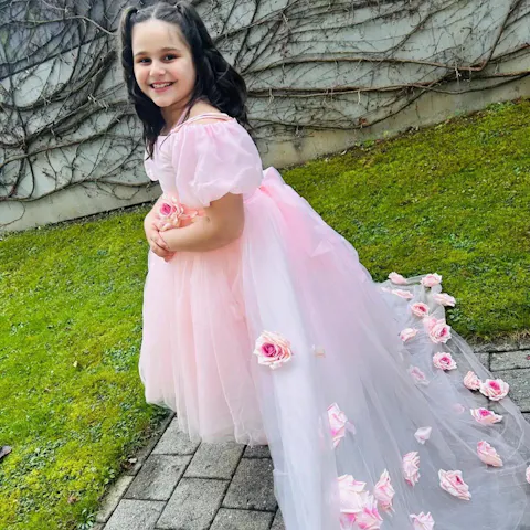 Elegant Arabic Pink Girl Dress with Flowers Dubai Baby Kids Princess J254