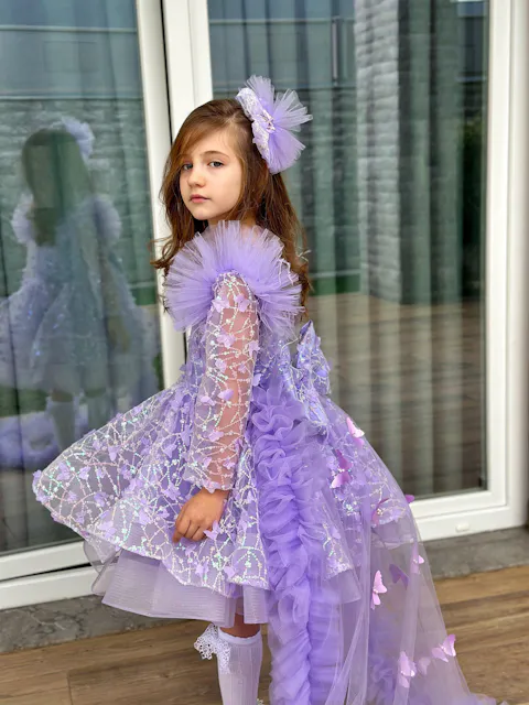 Sequins Pink Girl Dress Knee Length Train Long Sleeve Princess J282