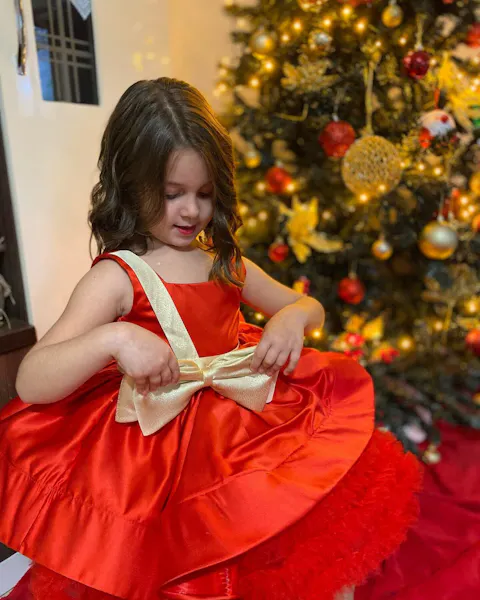 Red Christmas Satin Girl Dress Knee Length with Bow J285