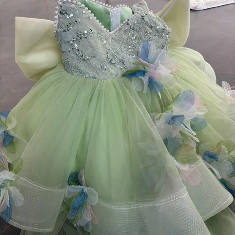 3D Flowers Green Pageant Girl Dress Princess Birthday Gown J873