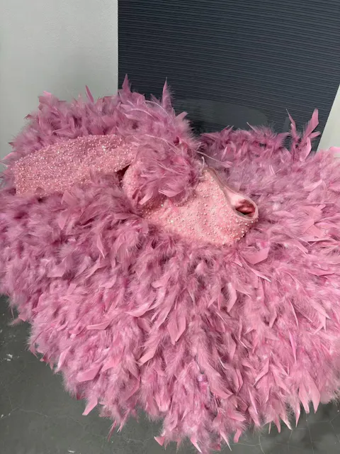 Luxury Arabic White Girl Dress Feathers for Kids Princess J394