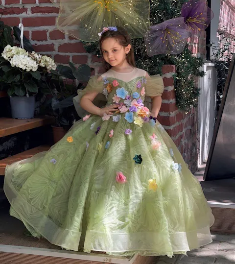 Green Romantic Applique Off Shoulder Flower Girl Dress D103