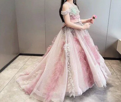 Pink Flower Girl Dress for Girls Sequin Feather Tulle Dress for Wedding J012