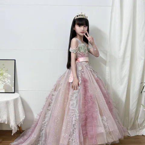 Pink Flower Girl Dress for Girls Sequin Feather Tulle Dress for Wedding J012