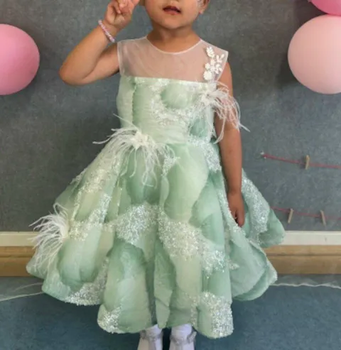 Shining O-Neck Sequined Feathers Flower Girl Dress Teal J501