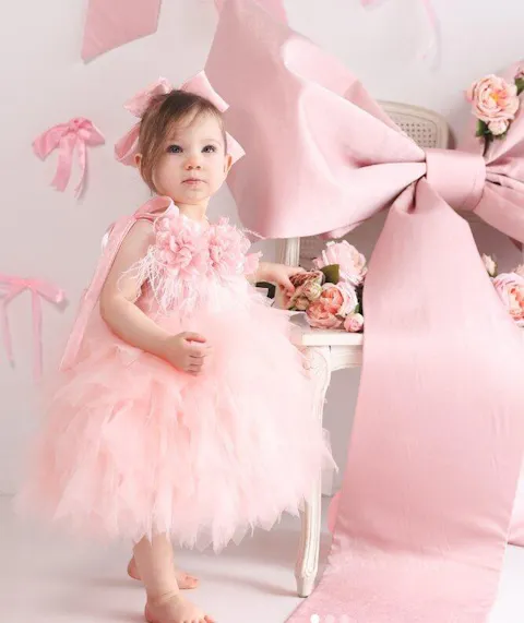 Sleeveless Flower-Adorned Tiered Flower Girl Dress With Bow D052