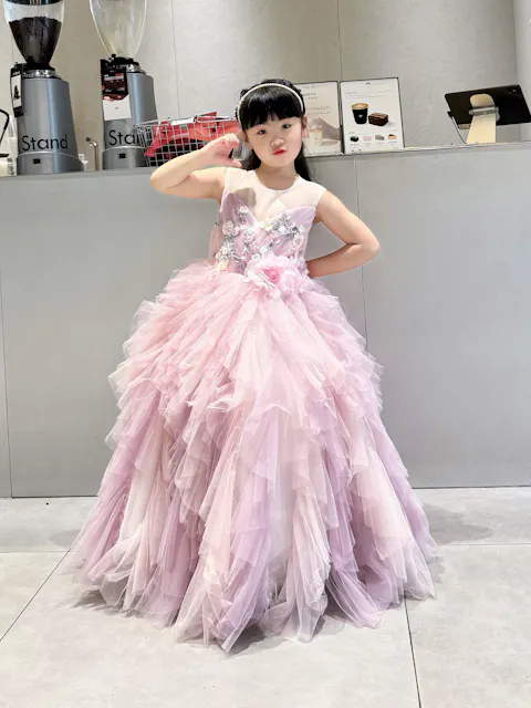 Kids Formal Wear Pink Sweetheart Neckline Dress with Layered Tulle 3D Appliqués J613