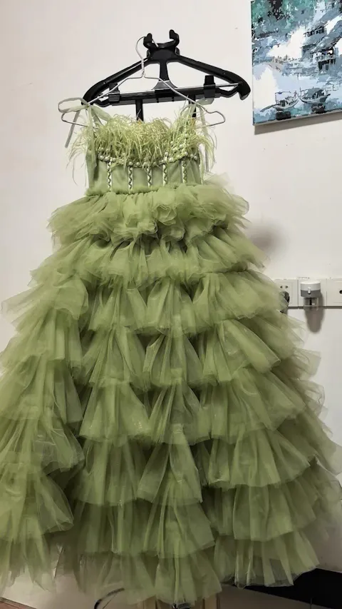 Green Flower Girl Dress with Feathers Wedding Birthday Party Prom D127