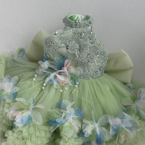Sage Green Halter Gown with Sequins & 3D Flowers - Girls' Pageant Dress J873B