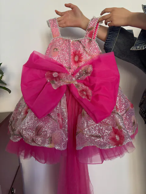 Luxury Sequin Floral Flower Girl Dress with Tulle Train – Princess Wedding & Birthday Gown J886