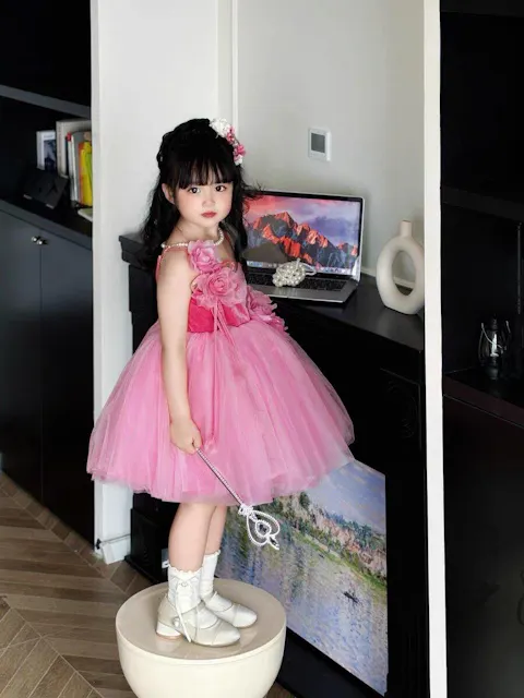 Pink Girl Dress Spaghetti Straps Toddler Kids 1st Birthday Gown J447