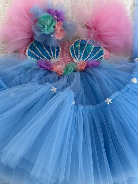 Blue Flower Girl Dress for Girls Tulle Party Dress with Shell Appliques D265